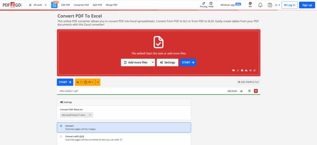 PDF2Go - Convert pdf to excel free online with direct Excel export