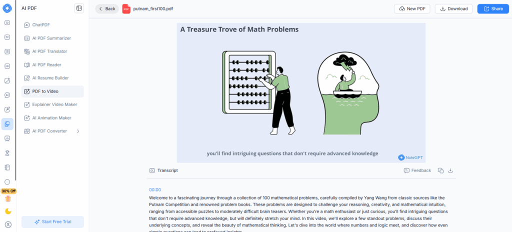 NoteGPT provides a minimalistic interface to transform PDFs into AI-narrated videos