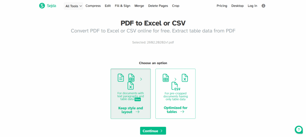 Sejda - Convert pdf to excel free with XLSX or CSV when layout is tricky