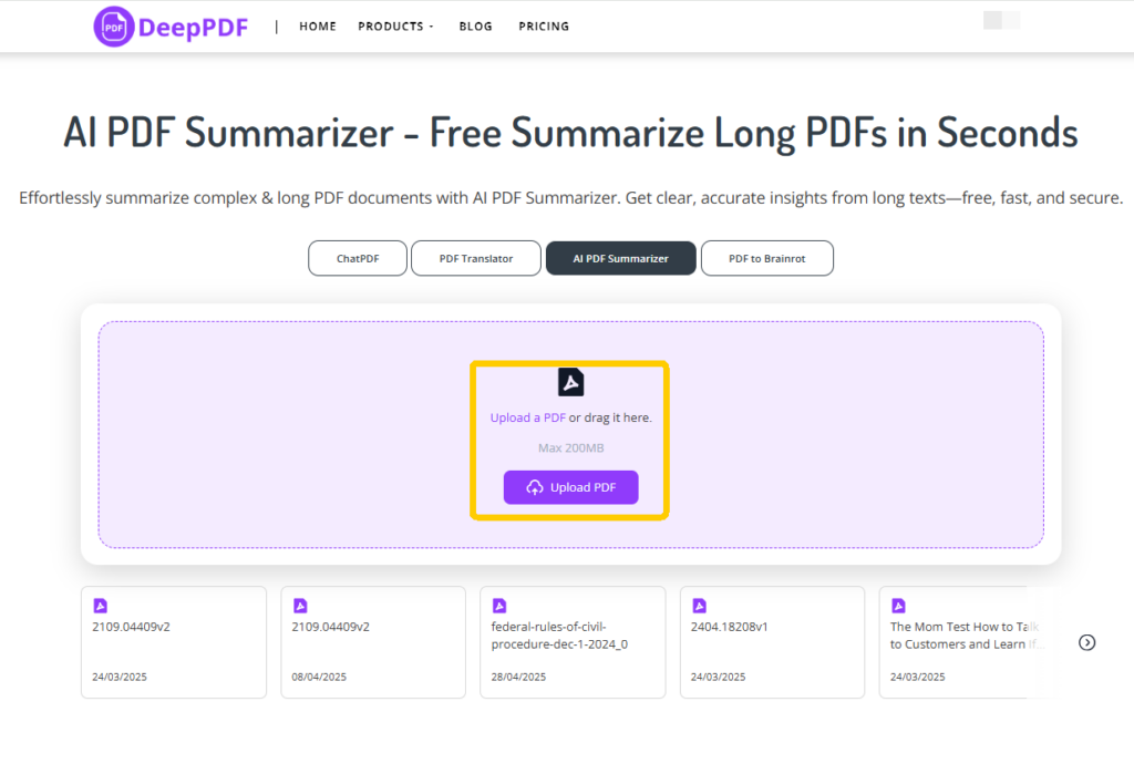 DeepPDF supports files up to 200MB