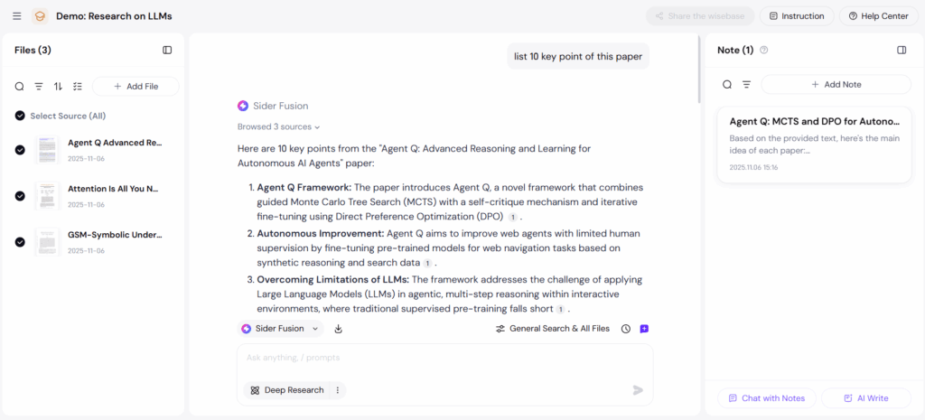 Interface of Chat with PDF in Sider AI