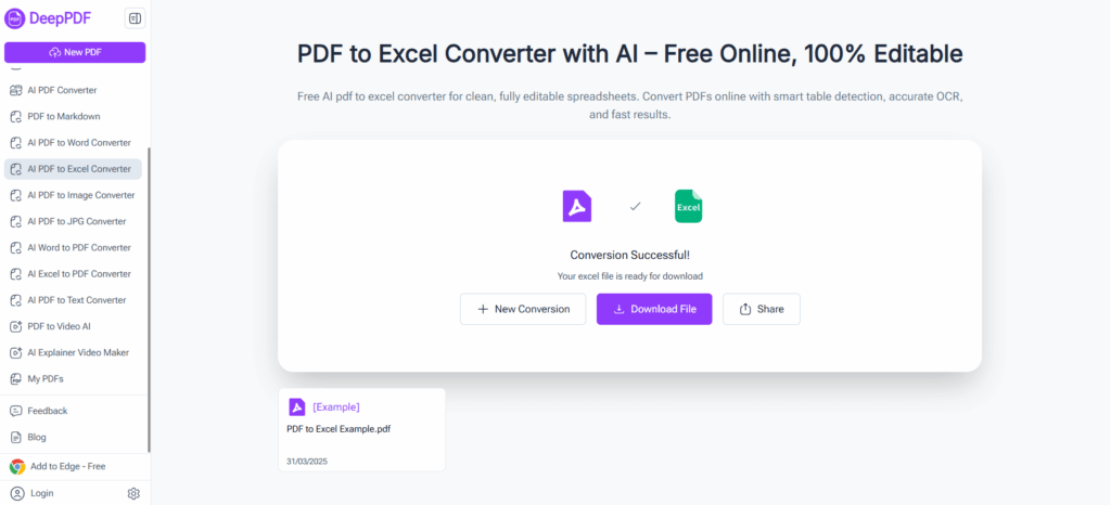 DeepPDF - Convert pdf to excel free with AI table detection and multi-sheet output