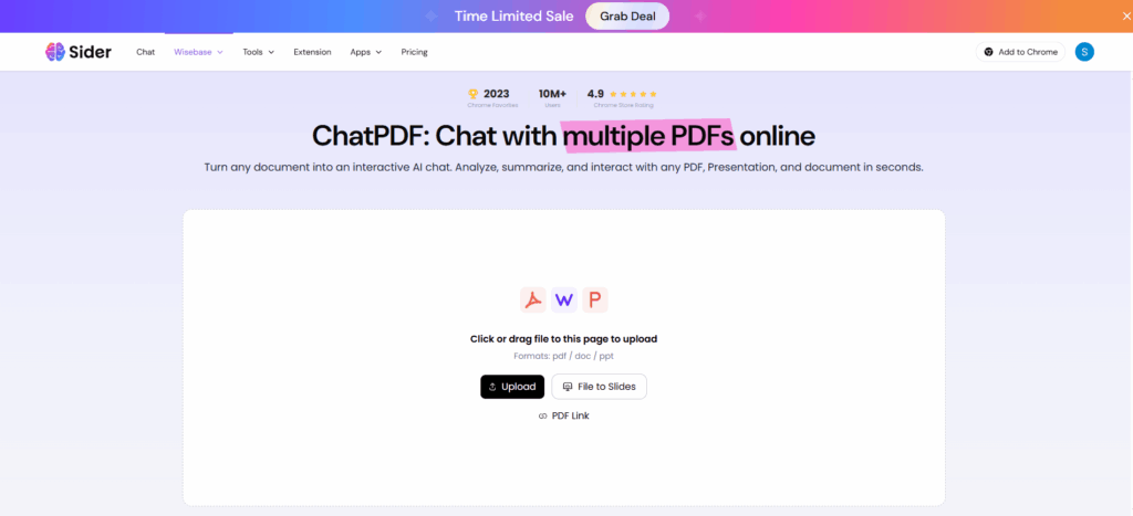 Uploading PDF files page of Sider AI's ChatPDF