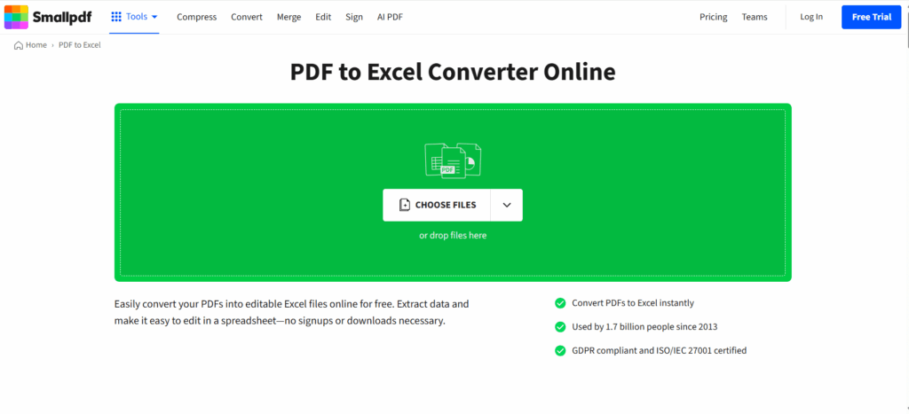 Smallpdf - Convert pdf to excel free with a simple, fast interface